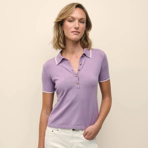 Silk Blend Short-Sleeve Tipped Polo Sweater Size Small in Lavender NWT - Picture 1 of 5